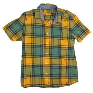 LL Bean Signature Mens Slim Fit Plaid Button Down Short Sleeve Shirt Yellow M